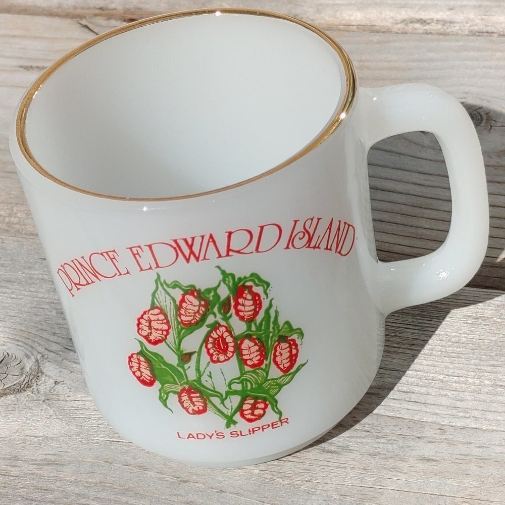 Rare Glasbake Prince Edward Island Lady's Slipper Milk Glass Mug